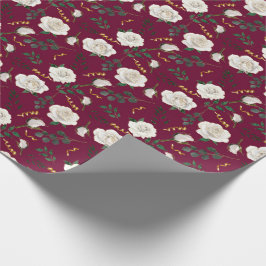 Papel De Presente Feriado Botânico Vermelho Rosas de Vintagem Branca