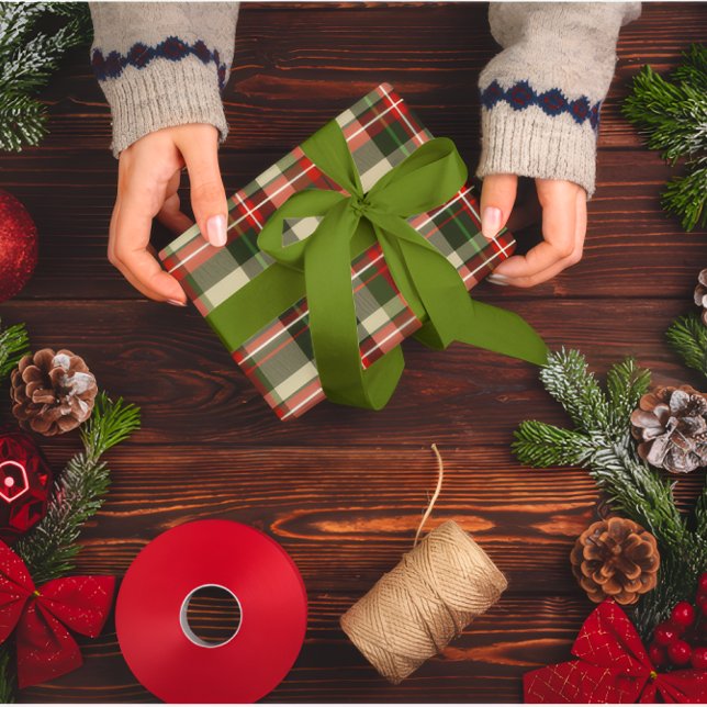 Papel De Presente Feriado Clássico Vermelho e Xadrez Verde (Criador carregado)
