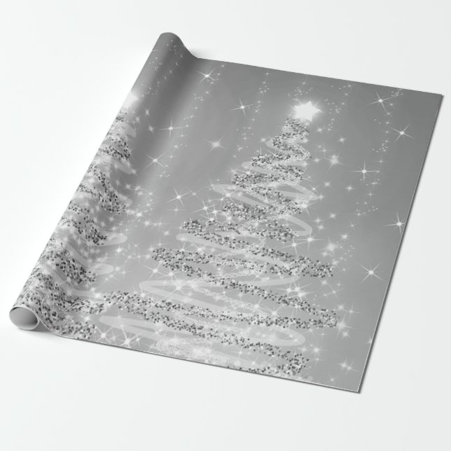Papel De Presente Feriado das Árvores de Natal da Silver Glitter (Desenrolado)