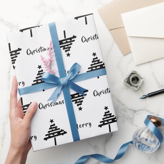 Papel De Presente Feriado de Árvore de Natal Negra e Branca moderno (Presentear)