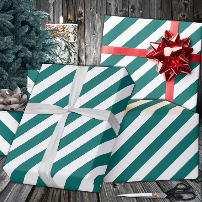 Papel De Presente Feriado de faixa verde alta (Teal Green Wide Stripe Holiday Wrapping Paper in 6 and 15 foot 30 Inch Width Rolls.)