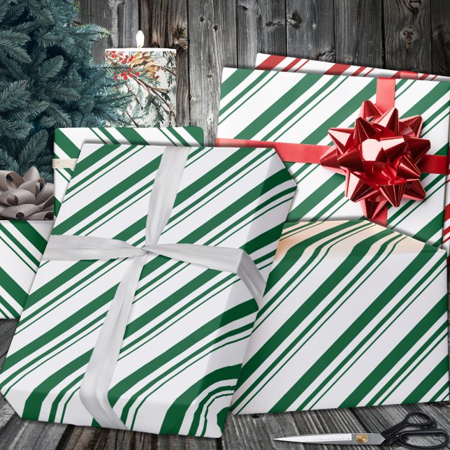 Papel De Presente Feriado de Greve de Canas Verde da Floresta (Forest Green Candy Cane Stripe Holiday Wrapping Paper in 6 and 15 foot long 30 Inch Width Rolls)