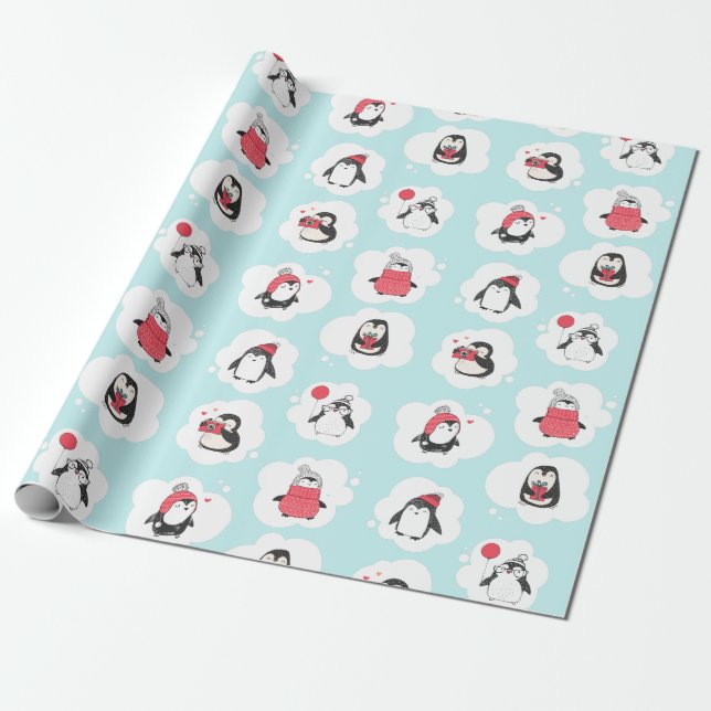 Papel De Presente Feriado de inverno em Pinguim (Desenrolado)
