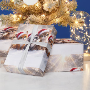 Papel De Presente Feriado de Natal Animais Fofos com Chapéus de Papa