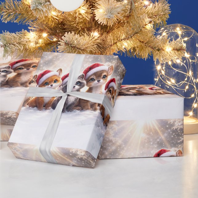 Papel De Presente Feriado de Natal Animais Fofos com Chapéus de Papa (Feriados)