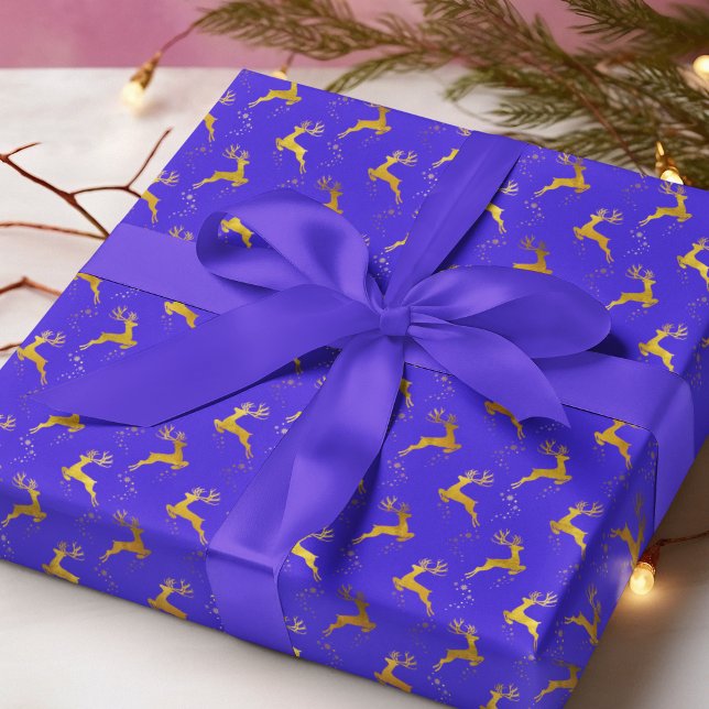 Papel De Presente Feriado de Natal Azul para Reindeer Dourado Elegan (Criador carregado)