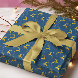 Papel De Presente Feriado de Natal Azul para Reindeer Dourado Elegan
