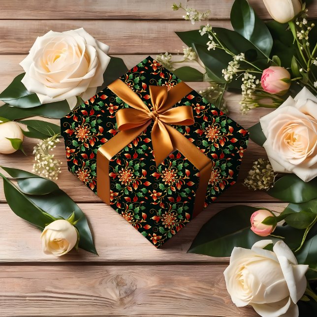 Papel De Presente Feriado de Natal belo e elegante Damasco Floral (Criador carregado)