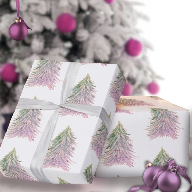 Papel De Presente Feriado de Natal com Aquarela de Árvores Rosa (Criador carregado)