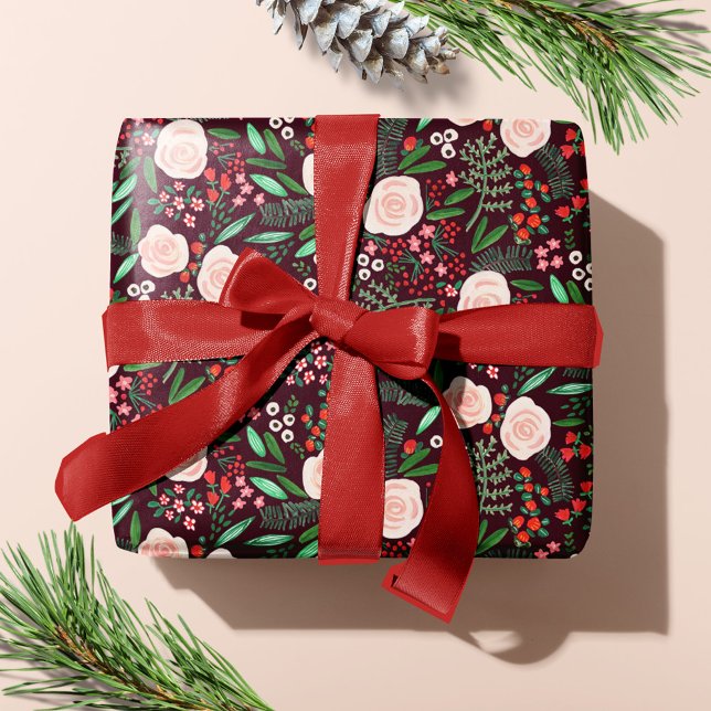 Papel De Presente Feriado de Natal com Padrão Floral Moderno (Modern Floral Pattern Christmas Holiday Wrapping Paper)