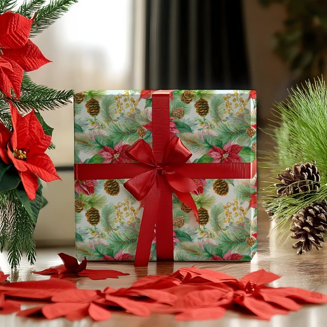 Papel De Presente Feriado De Natal De Poinsettias Pine E Pinecones (Elegant Nostalgic Watercolor Poinsettias, Pine and Pinecones Christmas Holiday Wrapping Paper)