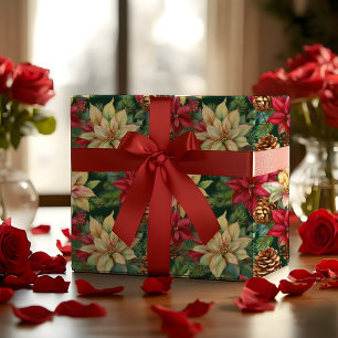 Papel De Presente Feriado De Natal De Poinsettias Pine E Pinecones