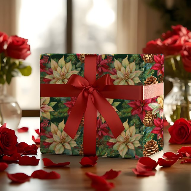 Papel De Presente Feriado De Natal De Poinsettias Pine E Pinecones (Elegant Nostalgic Watercolor Poinsettias, Pine and Pinecones Christmas Holiday Wrapping Paper)
