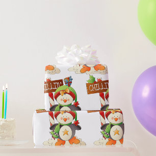 Papel De Presente Feriado de Natal do Pinguim e Pássaro