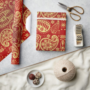 Papel De Presente Feriado de Natal Elegante Red Dourado Paisley