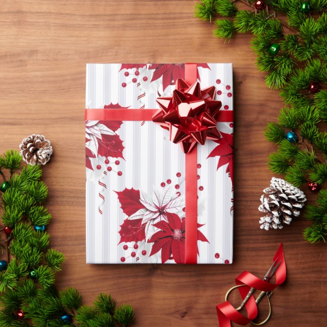 Papel De Presente Feriado de Natal Floral de Poinsettias Vermelhas e (Presente de Natal)