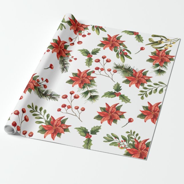 Papel De Presente Feriado de Natal Floral Poinsettia (Desenrolado)