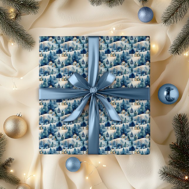 Papel De Presente Feriado de Natal na Terra Maravilha da Neve (Snowy Winter Wonderland Alpine Village Landscape Christmas Holiday Blue Wrapping Paper)