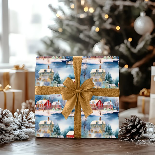 Papel De Presente Feriado de Natal na Vila Nova Inglaterra (Snowy Winter Wonderland New England Village Landscape Christmas Holiday Ice Skating Wrapping Paper)