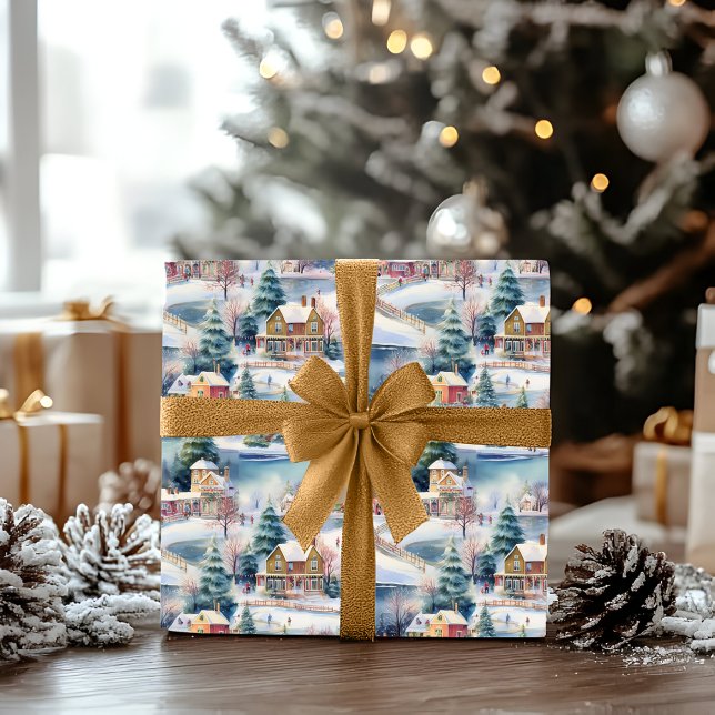 Papel De Presente Feriado de Natal na Vila Nova Inglaterra (Snowy Winter Wonderland New England Village Frozen Pond Landscape Christmas Holiday Wrapping Paper)