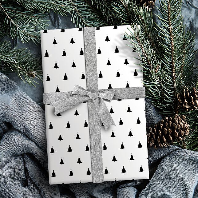Papel De Presente Feriado de Natal Negro e Branco (Winter Black And White Christmas Tree Holiday Wrapping Paper)