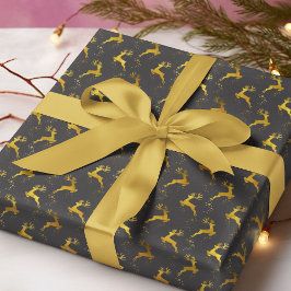 Papel De Presente Feriado de Natal Preto para Reindeer Dourada Elega
