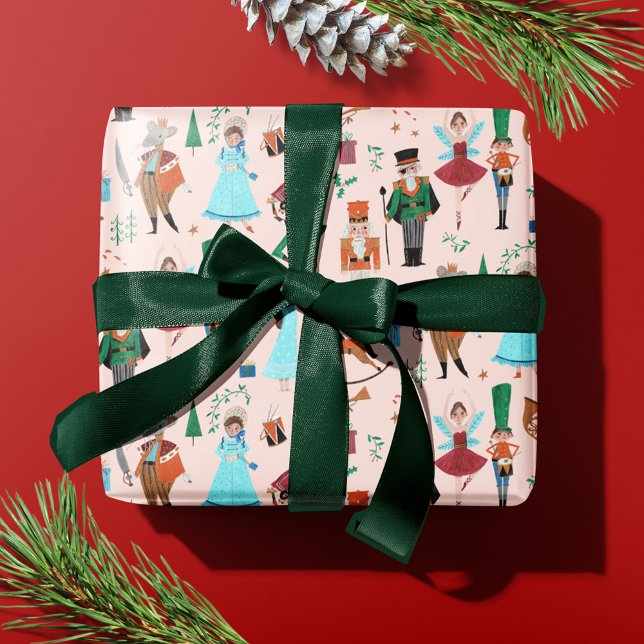 Papel De Presente Feriado de Natal Rosa e Cachorro (Cute Nutcracker Pink Christmas Holiday Wrapping Paper)