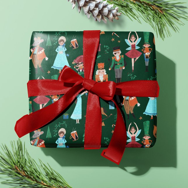 Papel De Presente Feriado de Natal Verde Escuro e Bonito Nutcracker (Cute Nutcracker Dark Green Christmas Holiday Wrapping Paper)