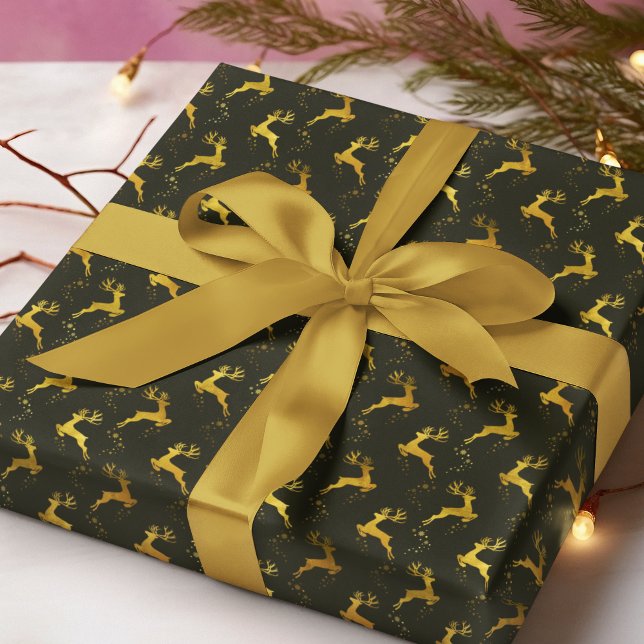 Papel De Presente Feriado de Natal Verde para Reindeer Dourada Elega (Criador carregado)