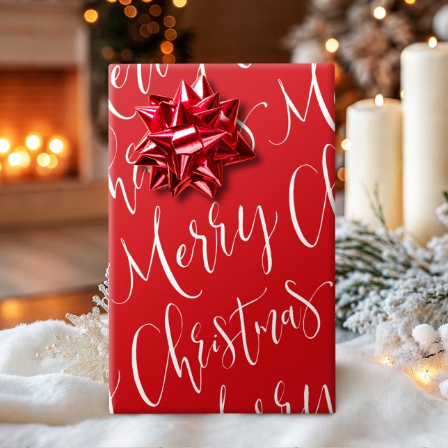 Papel De Presente Feriado de Natal Vermelho E Branco Feliz (Red And White Merry Christmas Calligraphy Holiday Wrapping Paper)