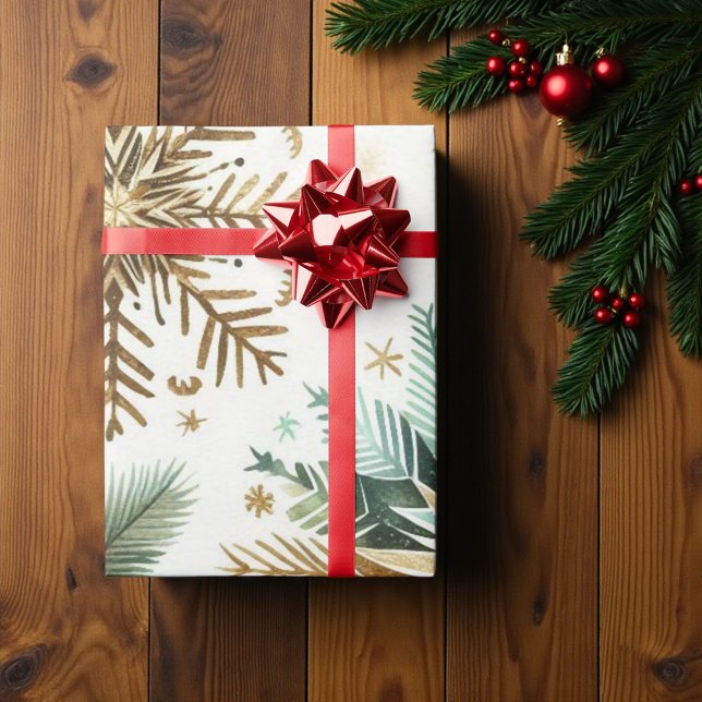 Papel De Presente Feriado de neve Dourado verde, luxo aquarela (Criador carregado)