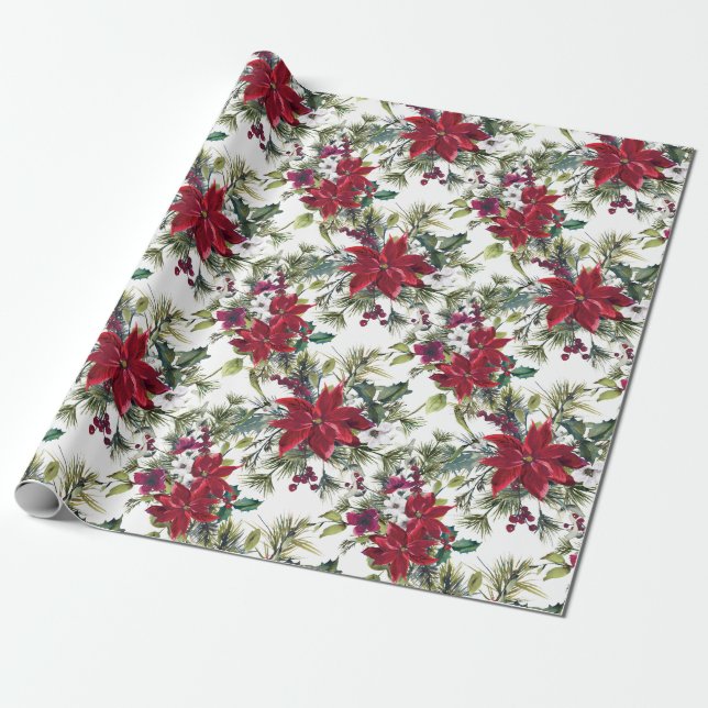 Papel De Presente Feriado de Padrão de Poinsettia de Aquarela Elegan (Desenrolado)