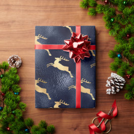 Papel De Presente Feriado de Reindeer Metálico Azul Dourado