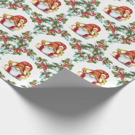 Papel De Presente Feriado dos Gnomos de Natal Holly Wreath Watercolo