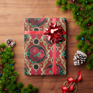 Papel De Presente Feriado dos Rosas Florais Verdes Elegantes