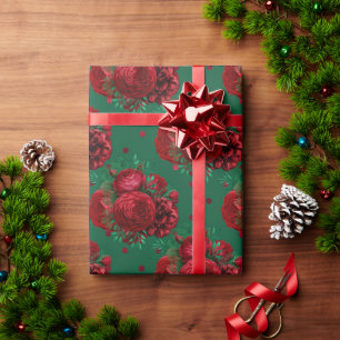 Papel De Presente Feriado dos Rosas Florais Verdes Elegantes