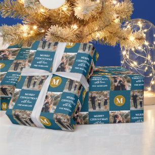 Papel De Presente Feriado Dourado Azul do Monograma Personalizado 2