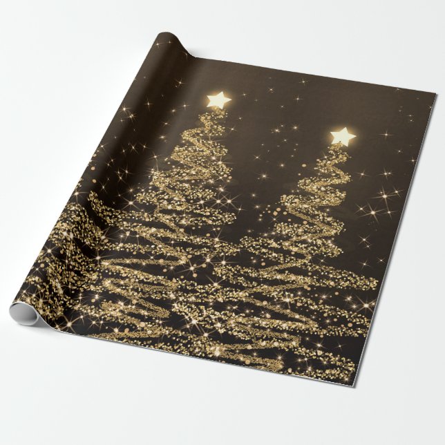 Papel De Presente Feriado Dourado das árvores de Natal do brilho (Desenrolado)