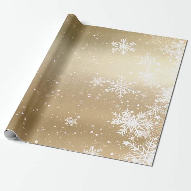 Papel De Presente Feriado Dourado do Floco de Neve Elegante (Desenrolado)