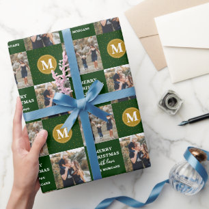 Papel De Presente Feriado Dourado Verde do Monograma Personalizado 2