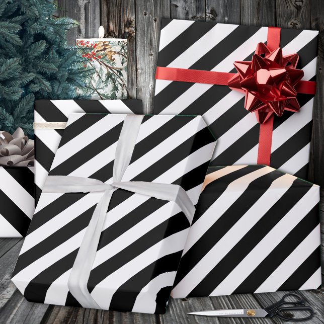 Papel De Presente Feriado em Faixa Branca Preta (Black White Wide Stripe Holiday Wrapping Paper in 6 and 15 foot 30 Inch Width Rolls.)