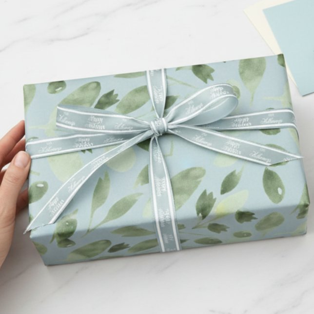 Papel De Presente Feriado em verde com aquarela azul (Send holiday greetings with a classic touch! )