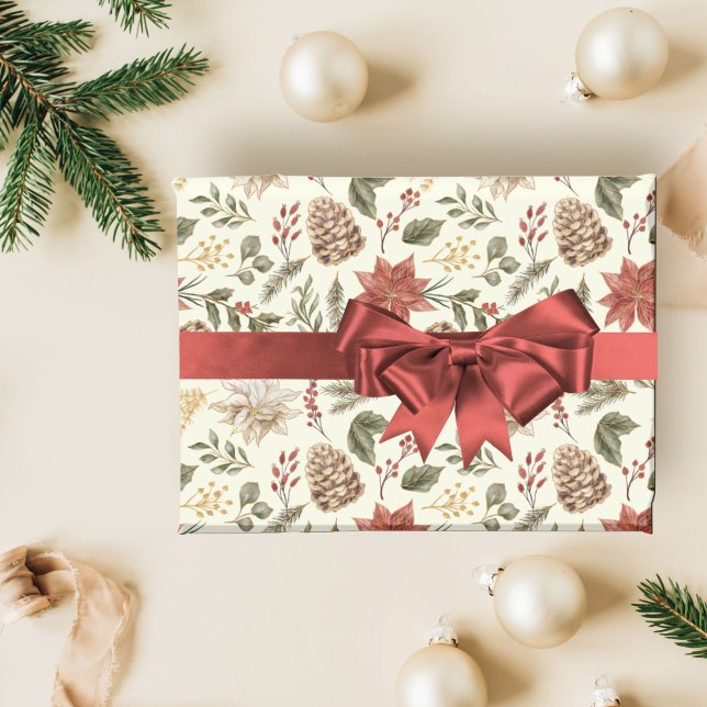 Papel De Presente Feriado Festivo Elegante Ivory Poinsettia (Criador carregado)