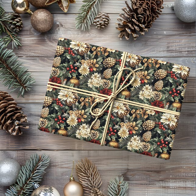 Papel De Presente Feriado Floral de Pinheiro de Natal Tradicional (Criador carregado)