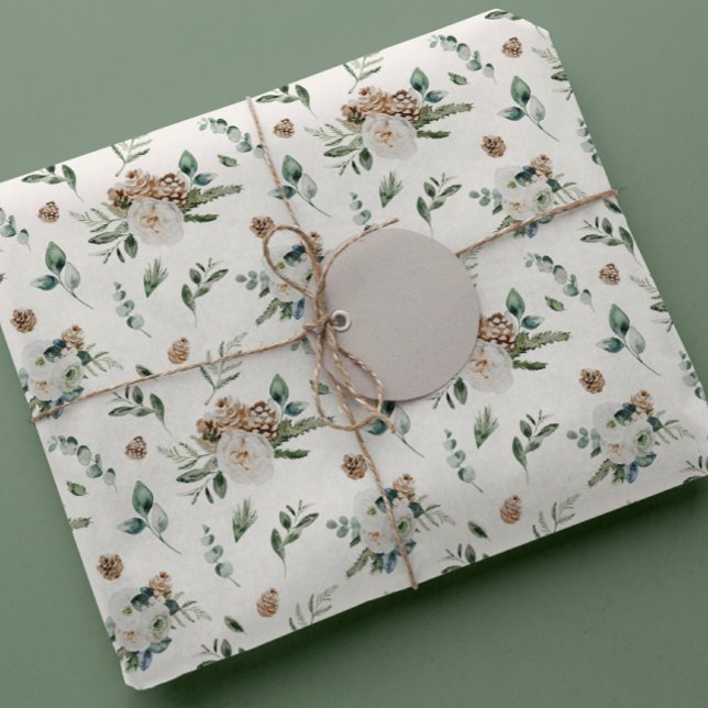 Papel De Presente Feriado Inverno Branco Floral Pinecone Natal (Criador carregado)