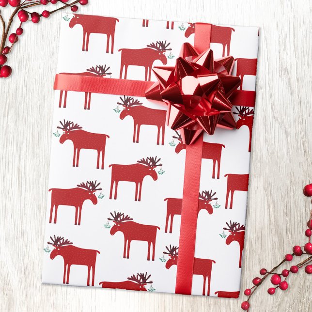 Papel De Presente Feriado Moose Engraçado (Funny moose elk mistletoe Christmas winter holidays pattern gift wrapping paper )