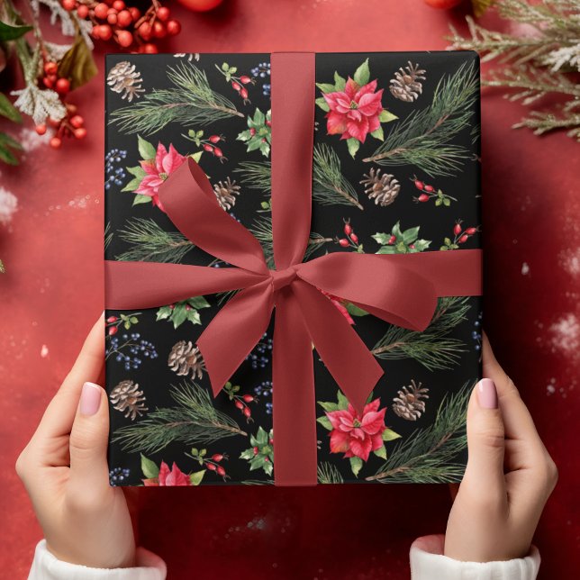 Papel De Presente Feriado Natal Aquarela Poinsettia Floral (Criador carregado)