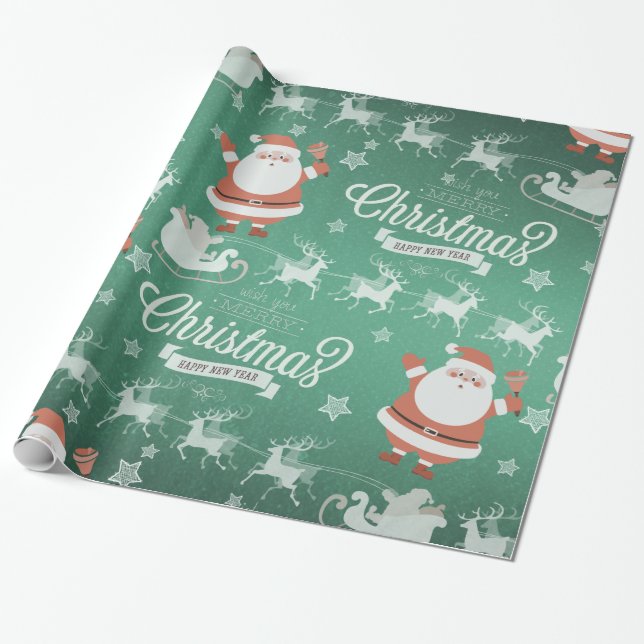 Papel De Presente Feriado Natal - Fofo Santa Claus Sleigh Reindeer (Desenrolado)