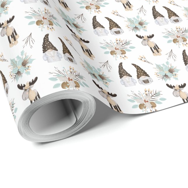 Papel De Presente Feriado Natal Nórdico Gnomos Festivos e Moose (Ponta do rolo)