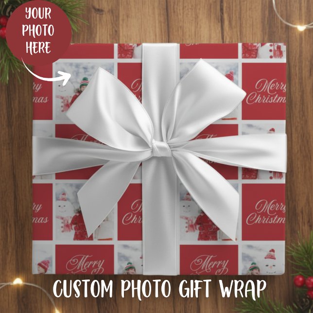 Papel De Presente Feriado Personalizado De Natal Vermelho E Branco (Red And White Merry Christmas Custom Photo Holiday Wrapping Paper)